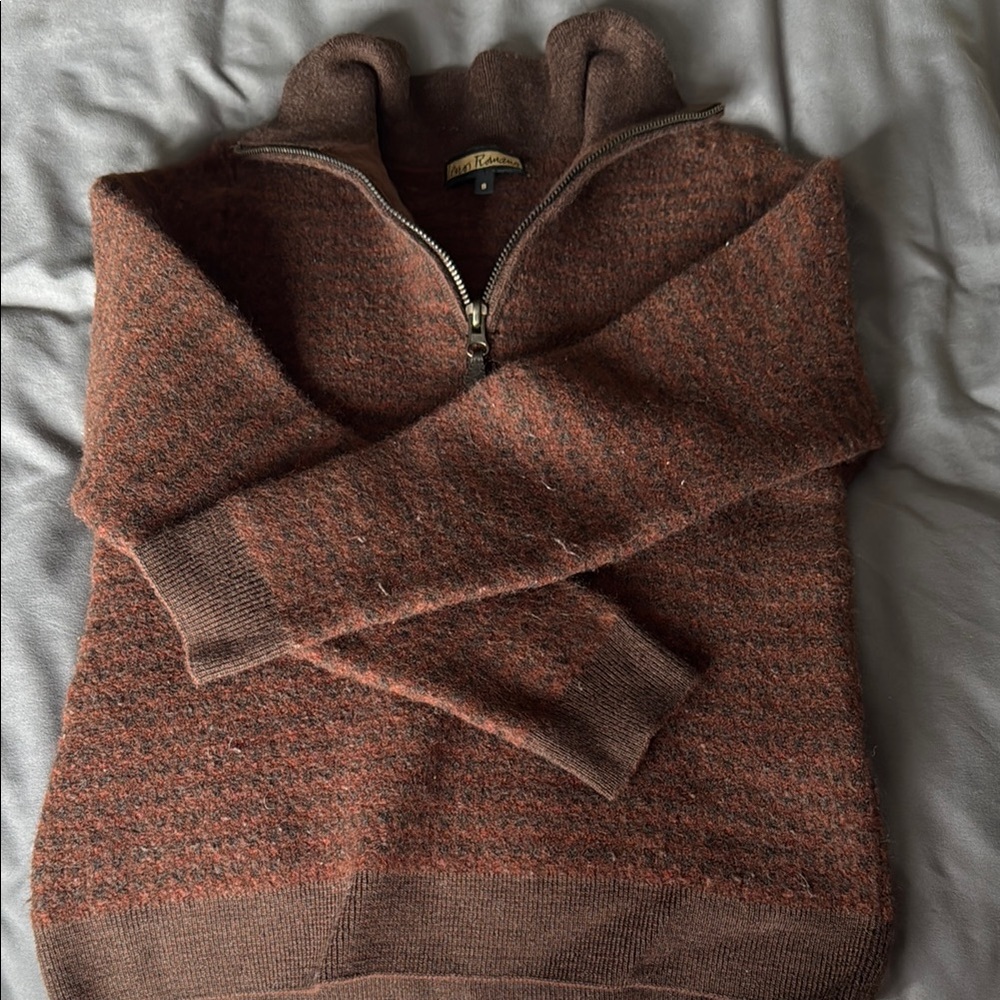 Brown Zip Up Sweater with Plush Texture and Standing Collar